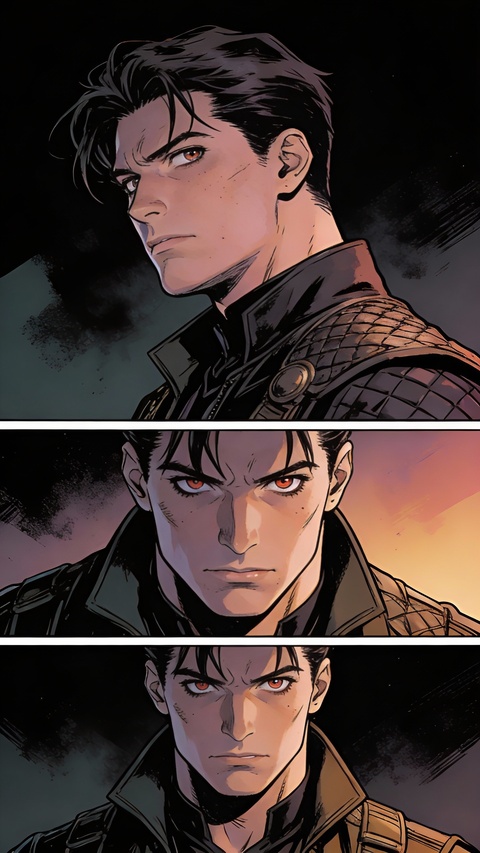 Three-Panel Comic Close-Up of Male Hero