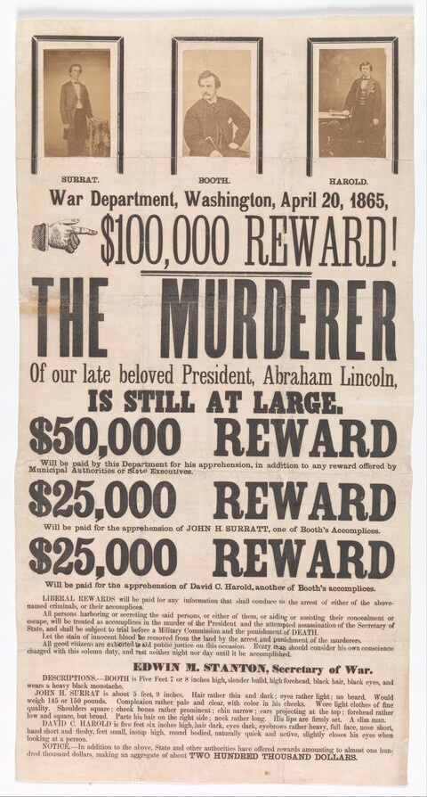 1865 Lincoln Assassin Reward Poster