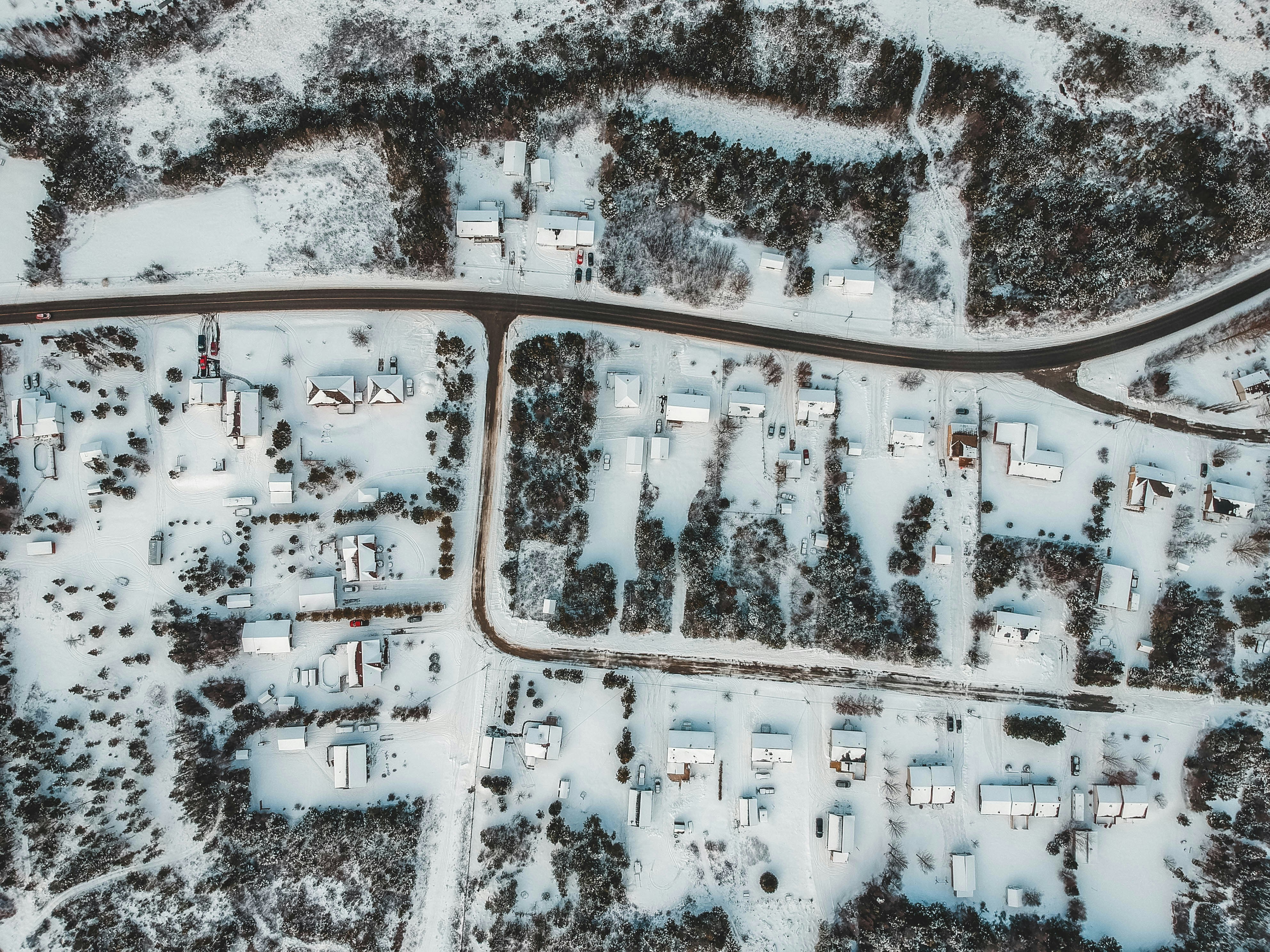 Aerial View of Snowy Residential Village