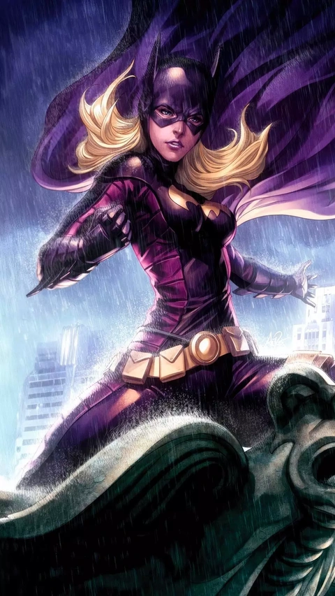 Batgirl Perched on Gargoyle in Rain