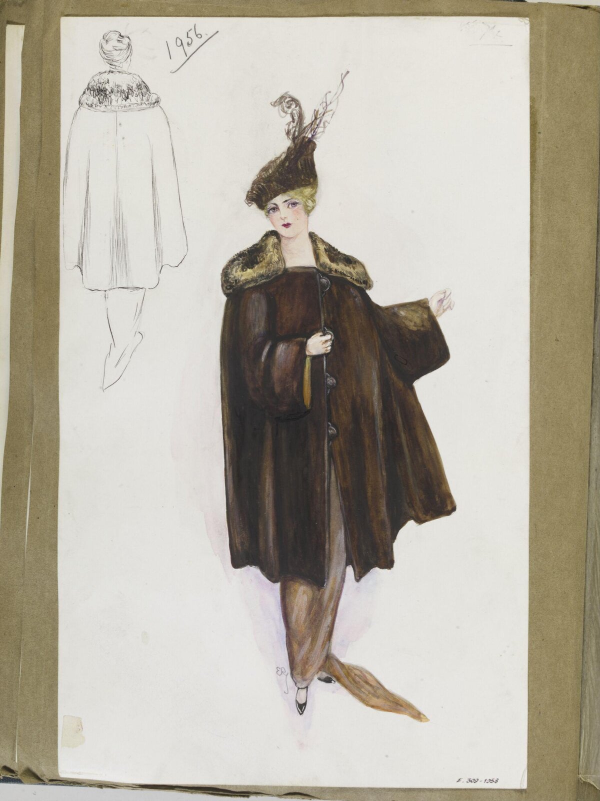1956 Women's Fur Coat Fashion Sketch