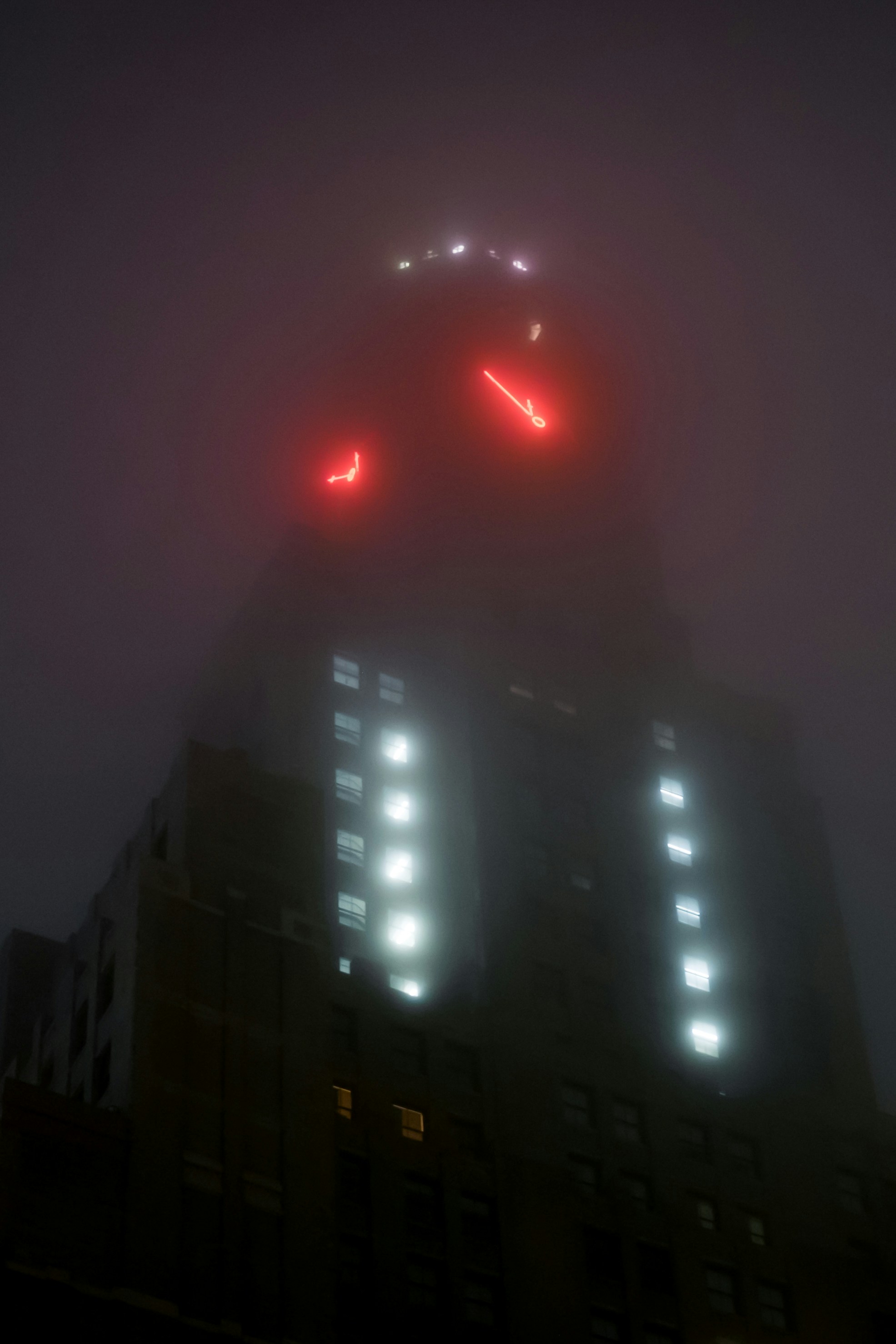 Foggy Night Red Clock Tower