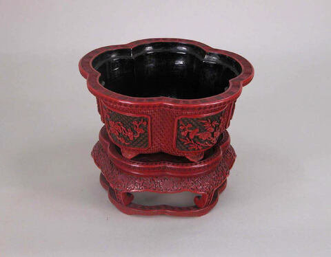 Carved Red Lacquer Flower Pot with Stand