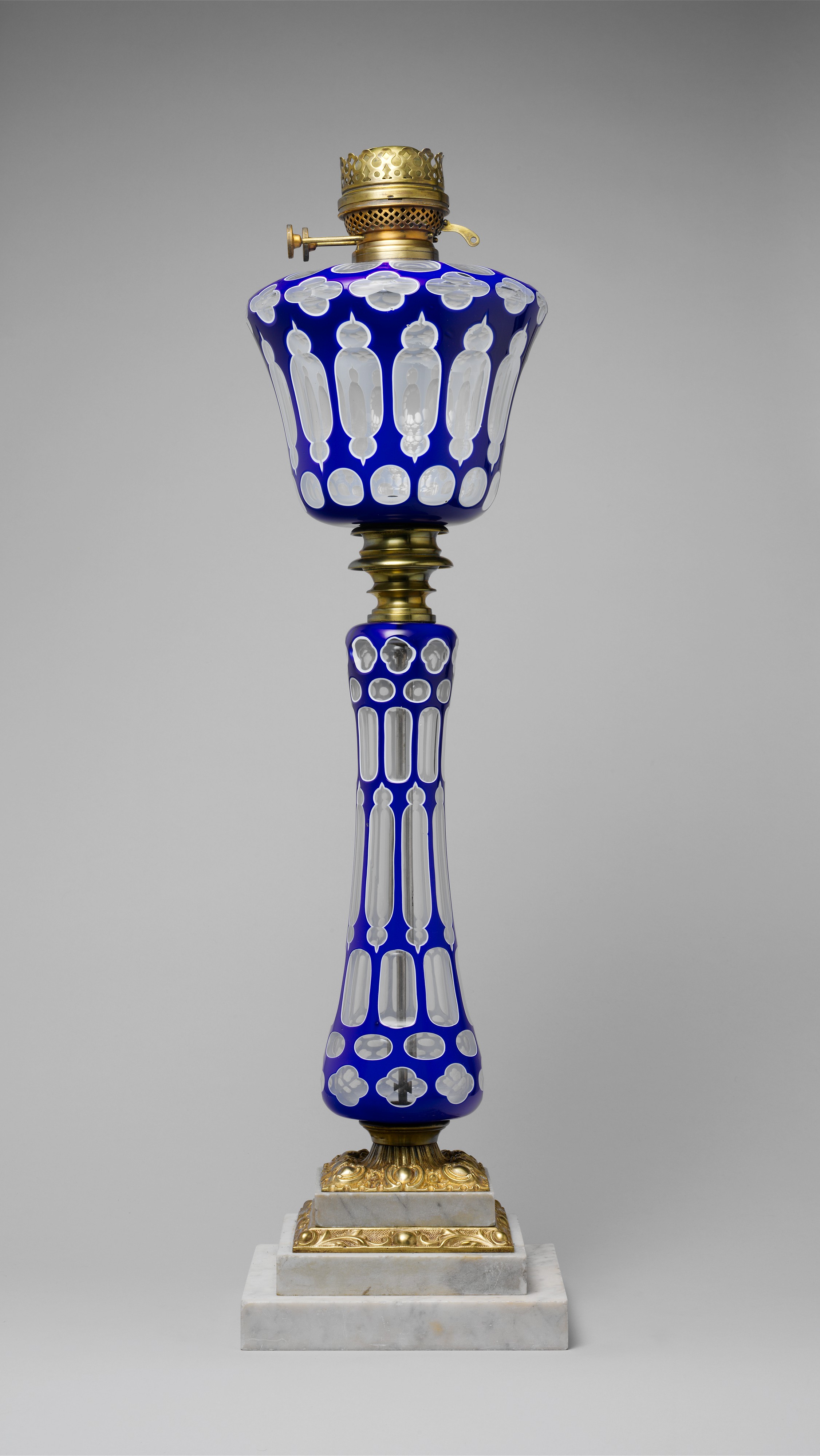 Blue Cut Glass Antique Oil Lamp