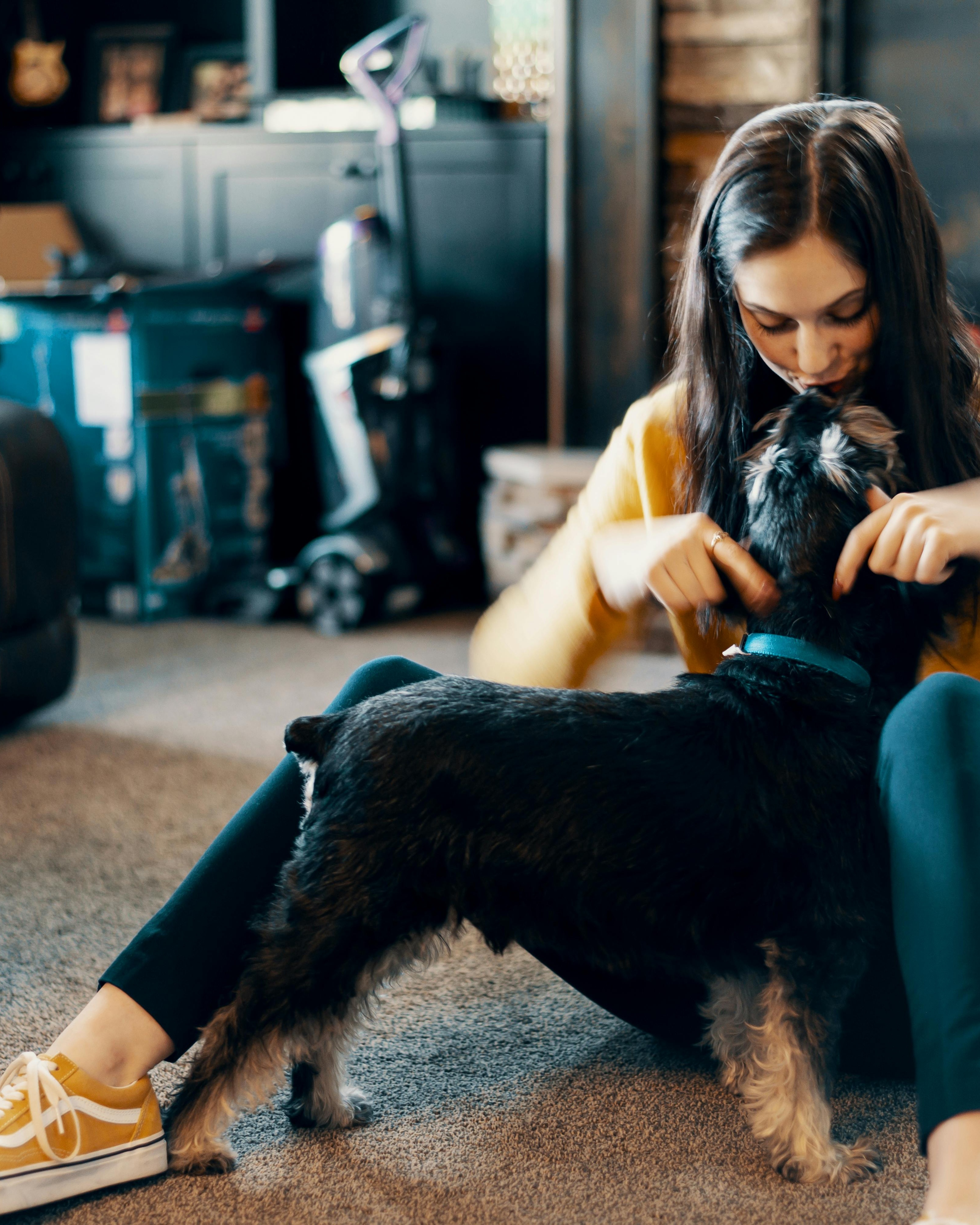 Woman Affectionately Playing With Pet Dog