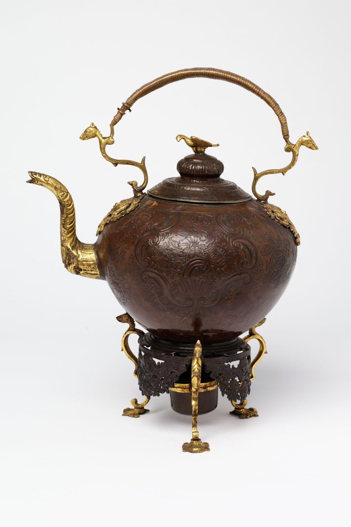 Antique Gilded Copper Teapot on Stand