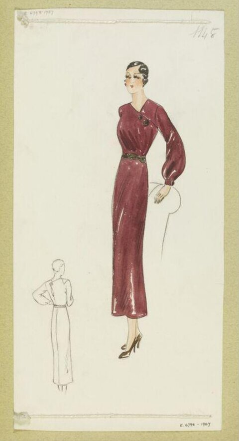 Vintage Burgundy Dress Fashion Sketch