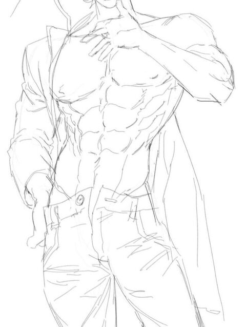Line Sketch of Muscular Man Opening Coat