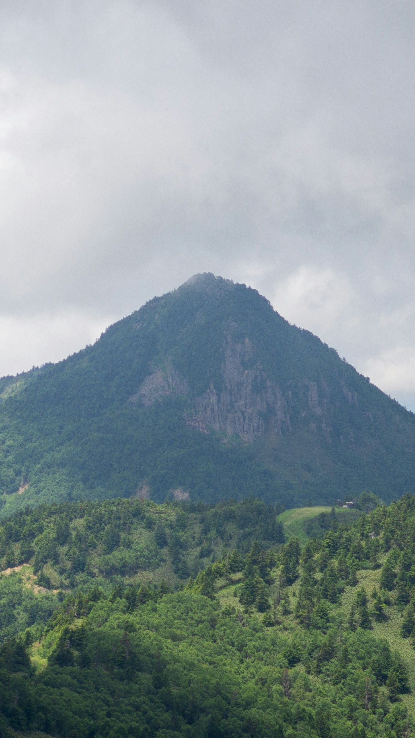 Forested Mountain Peak Under Cloudy Sky