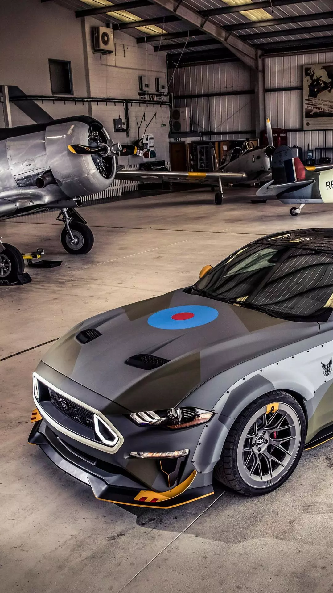 Military Themed Mustang in Aircraft Hangar