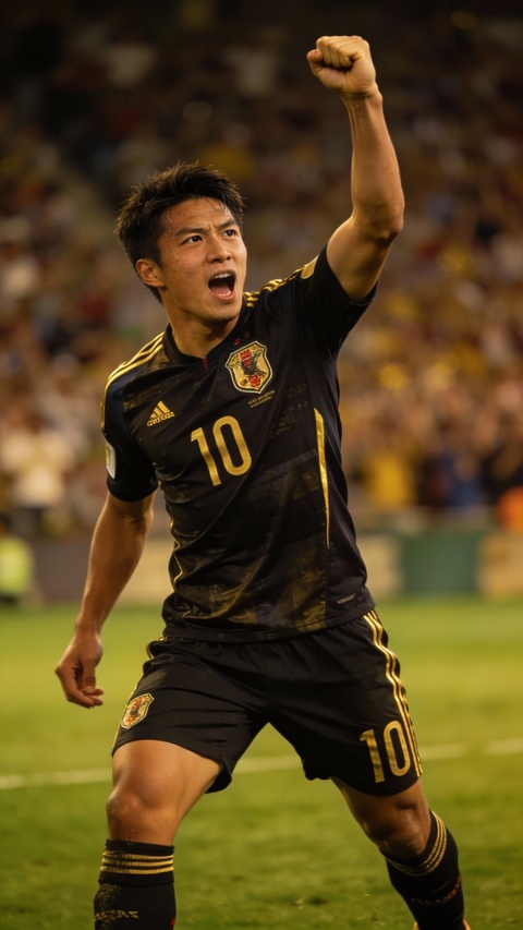 Japanese Soccer Player Celebrating Goal