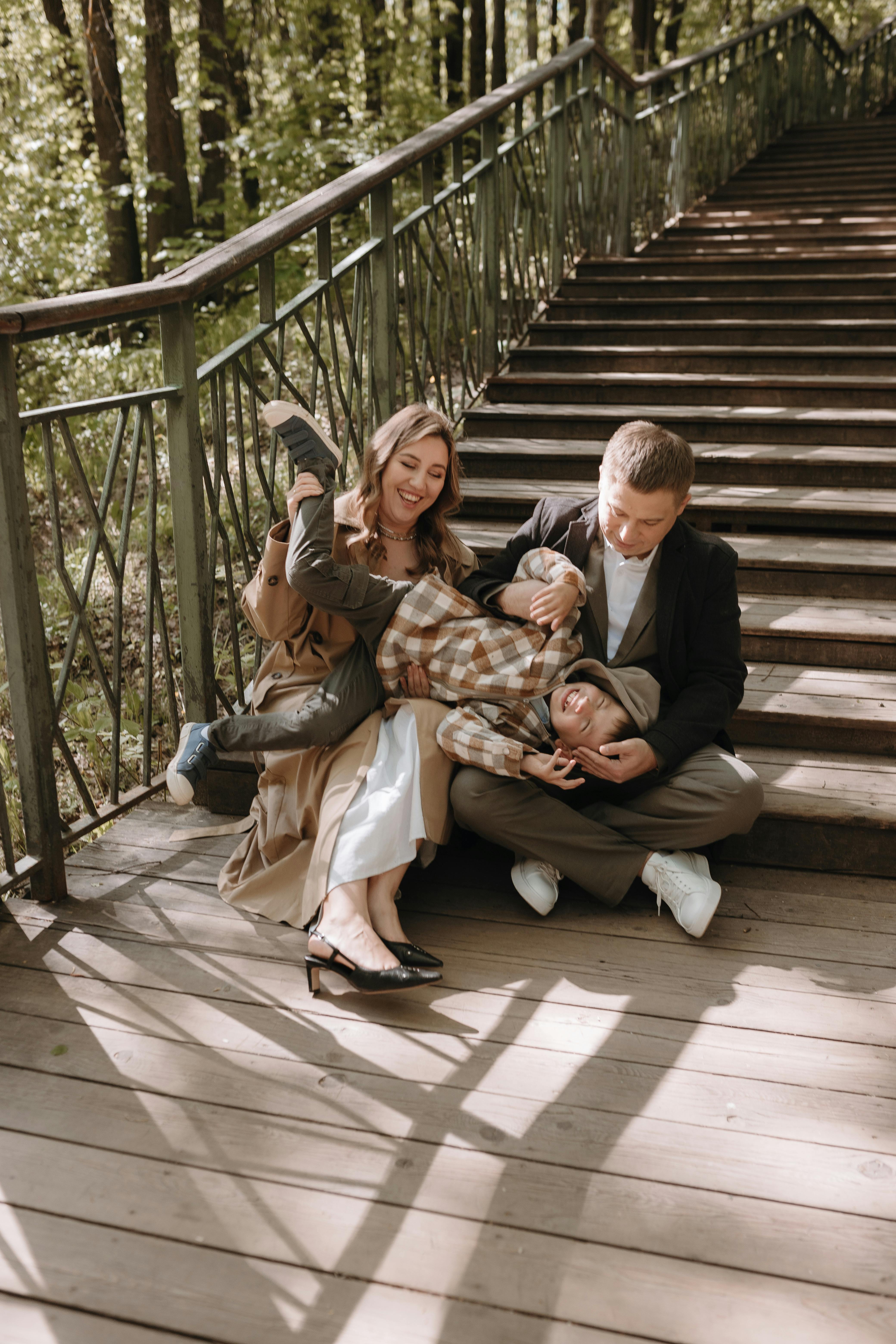 Happy Family on Forest Stairs