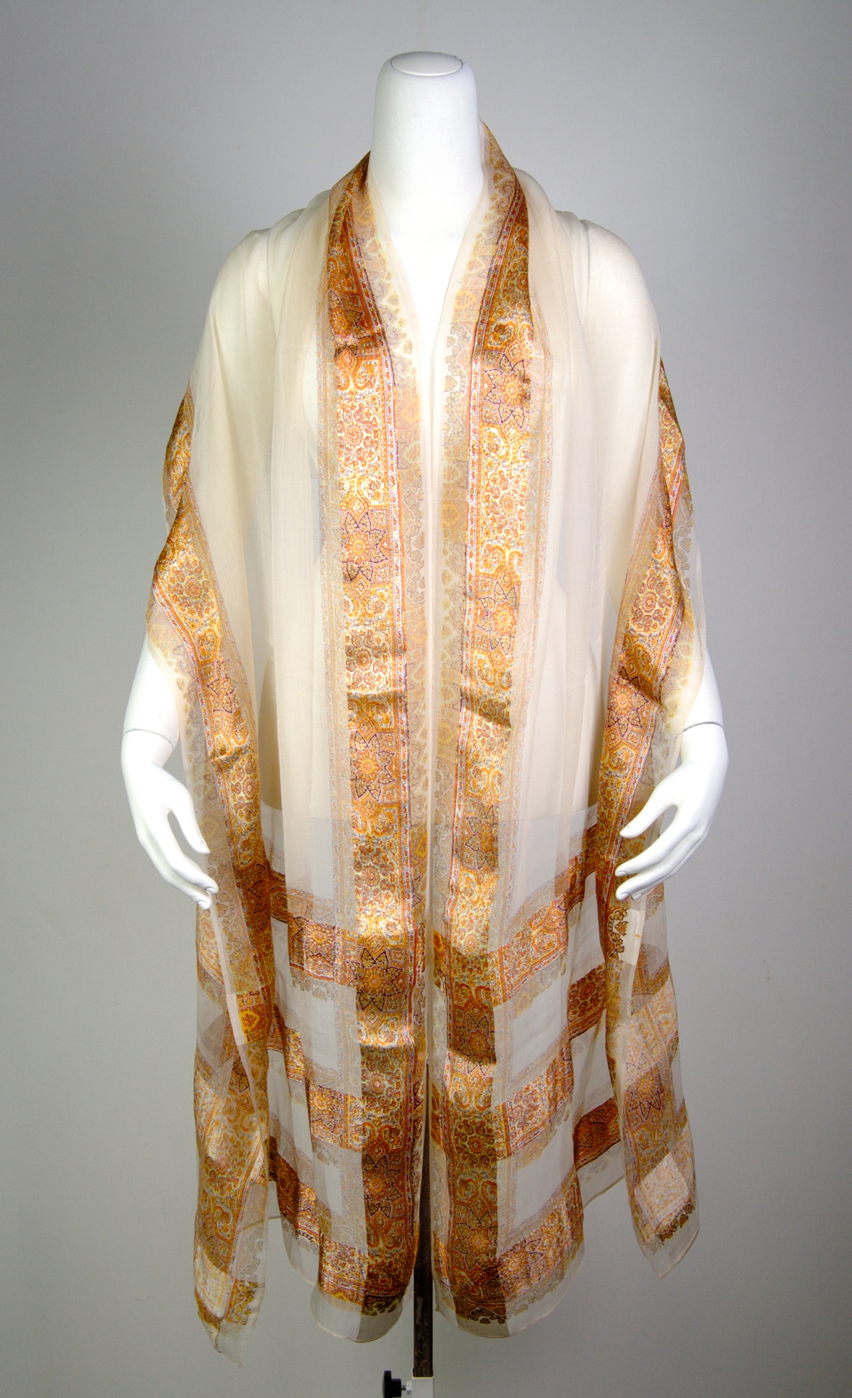 Cream Gold Patterned Shawl on Mannequin