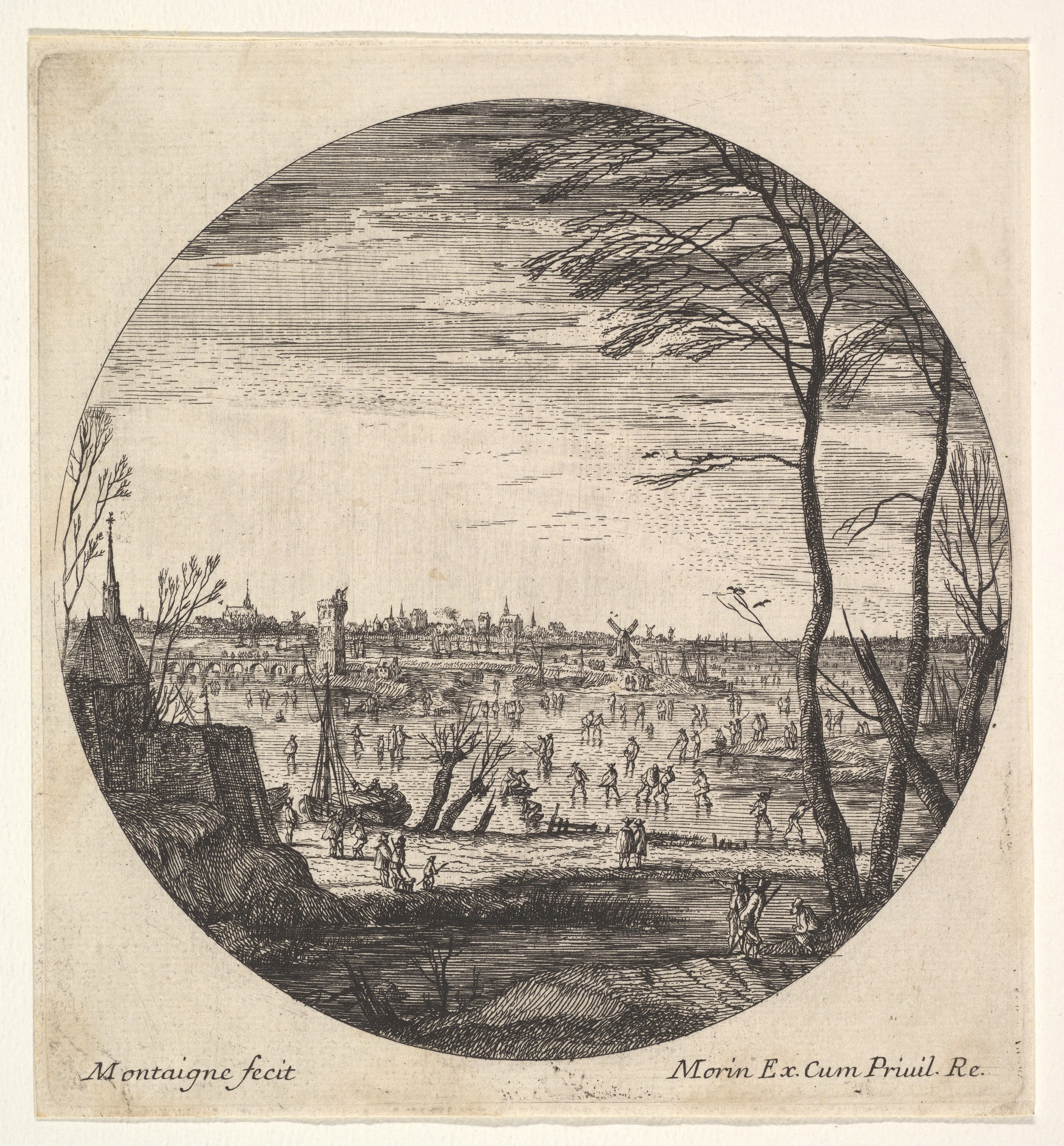 Winter Ice Skating Landscape Etching