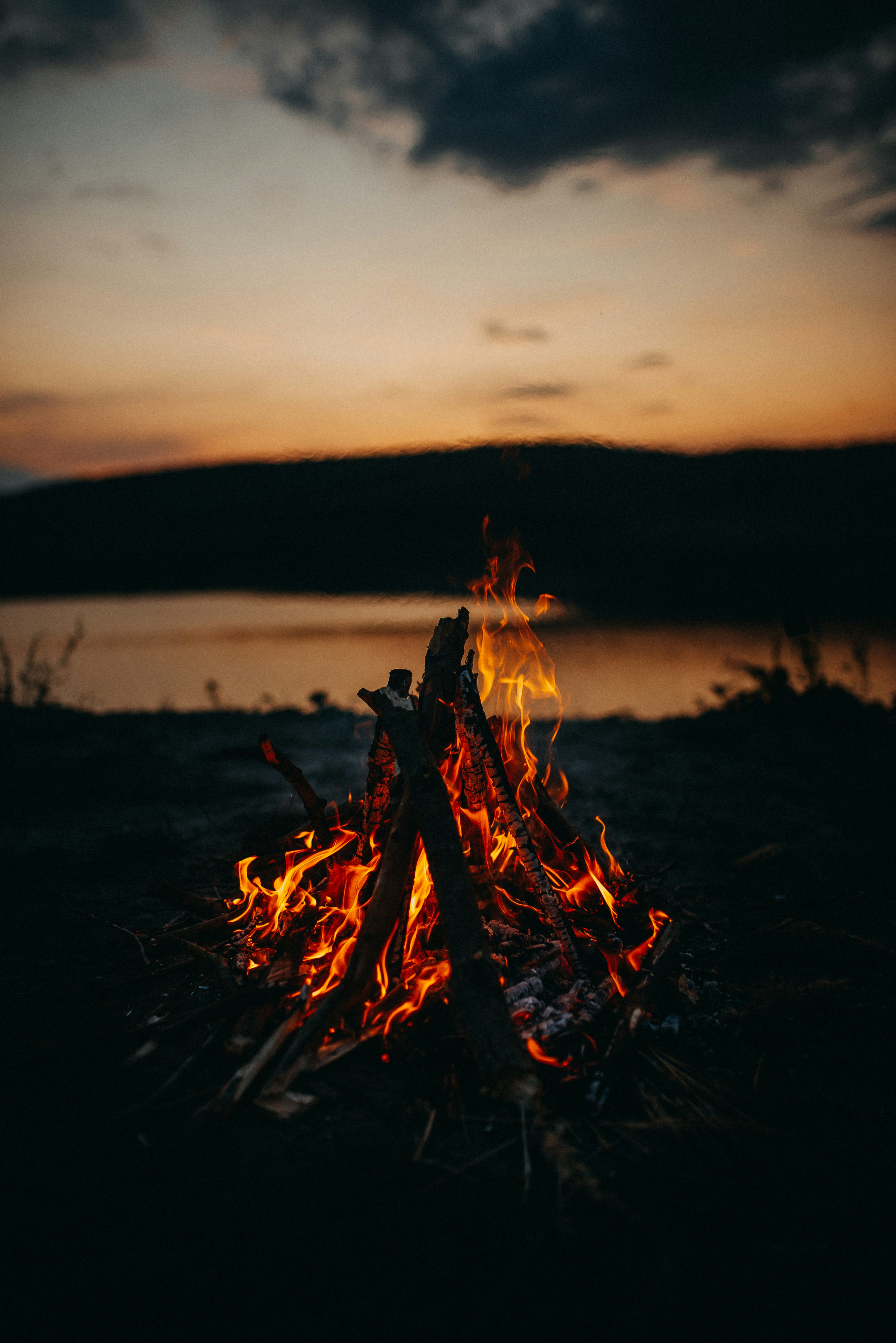 Campfire by Lakeside at Dusk