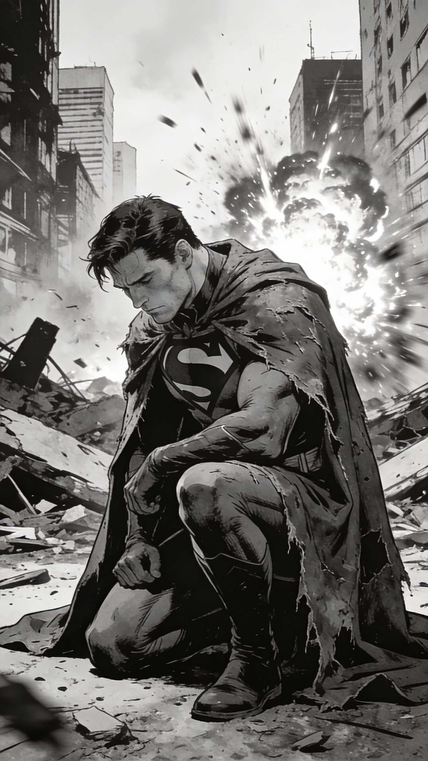 Superman Kneeling in Destroyed City