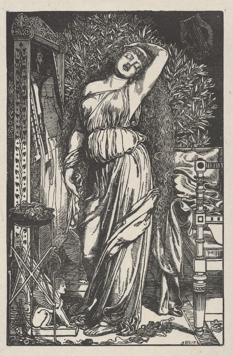 Classical Robed Woman with Cupid Woodcut