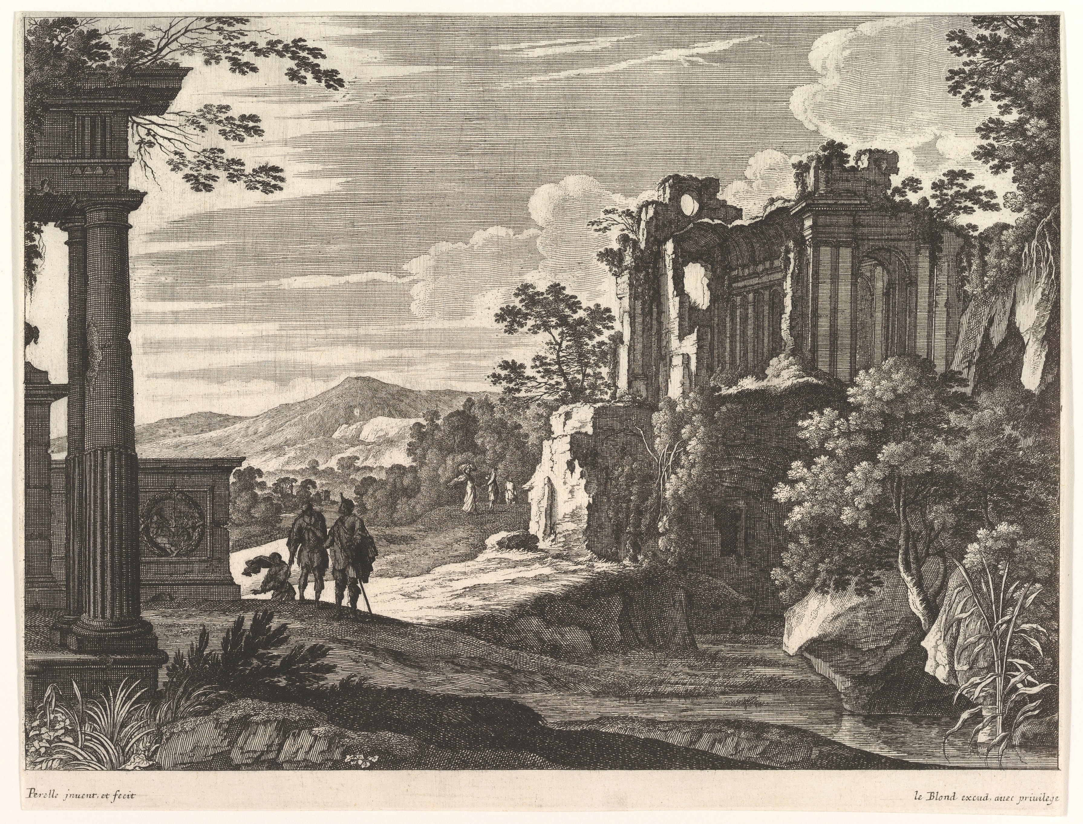 Ancient Ruins Landscape Etching