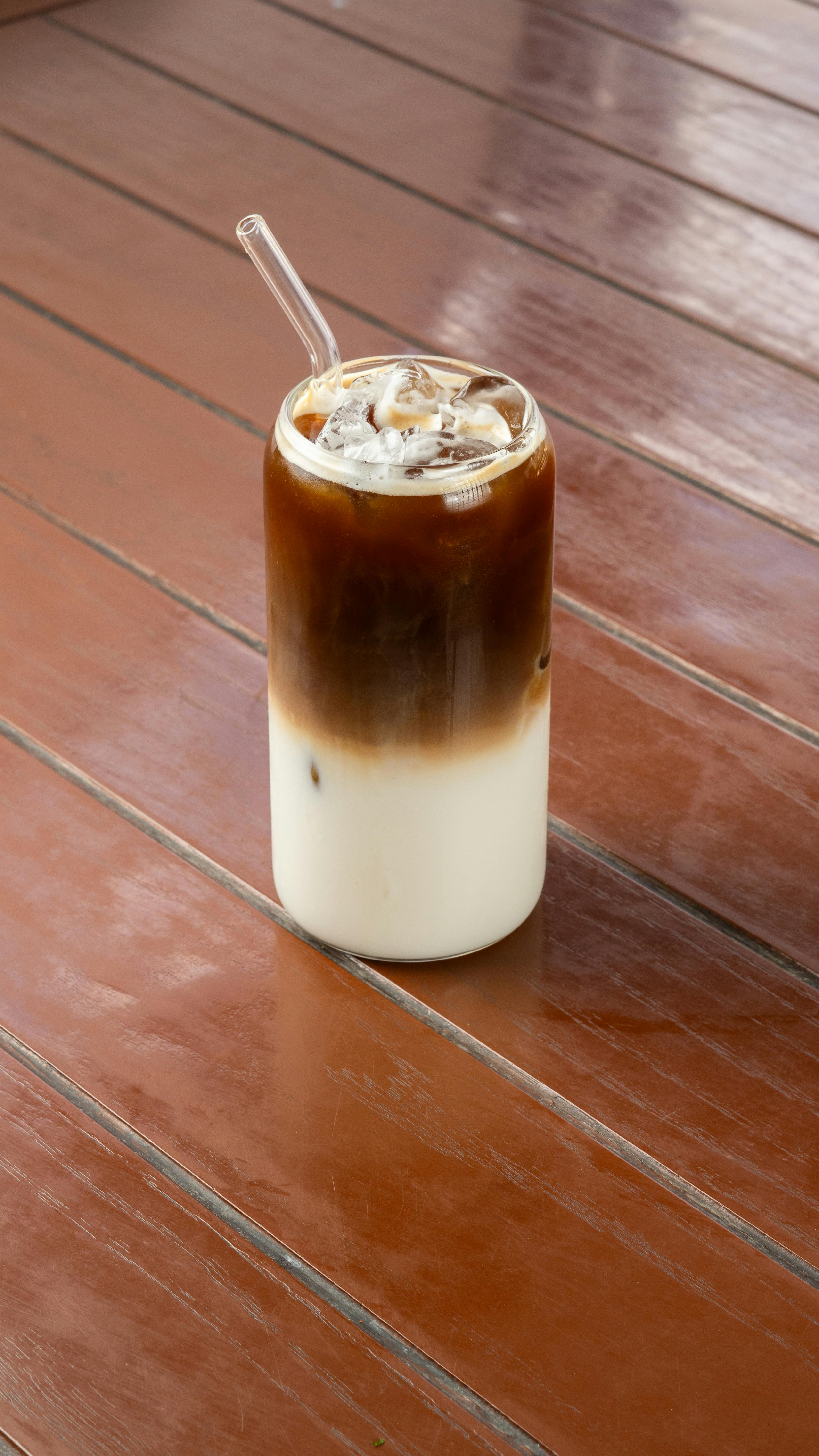 Iced Layered Coffee on Wooden Table