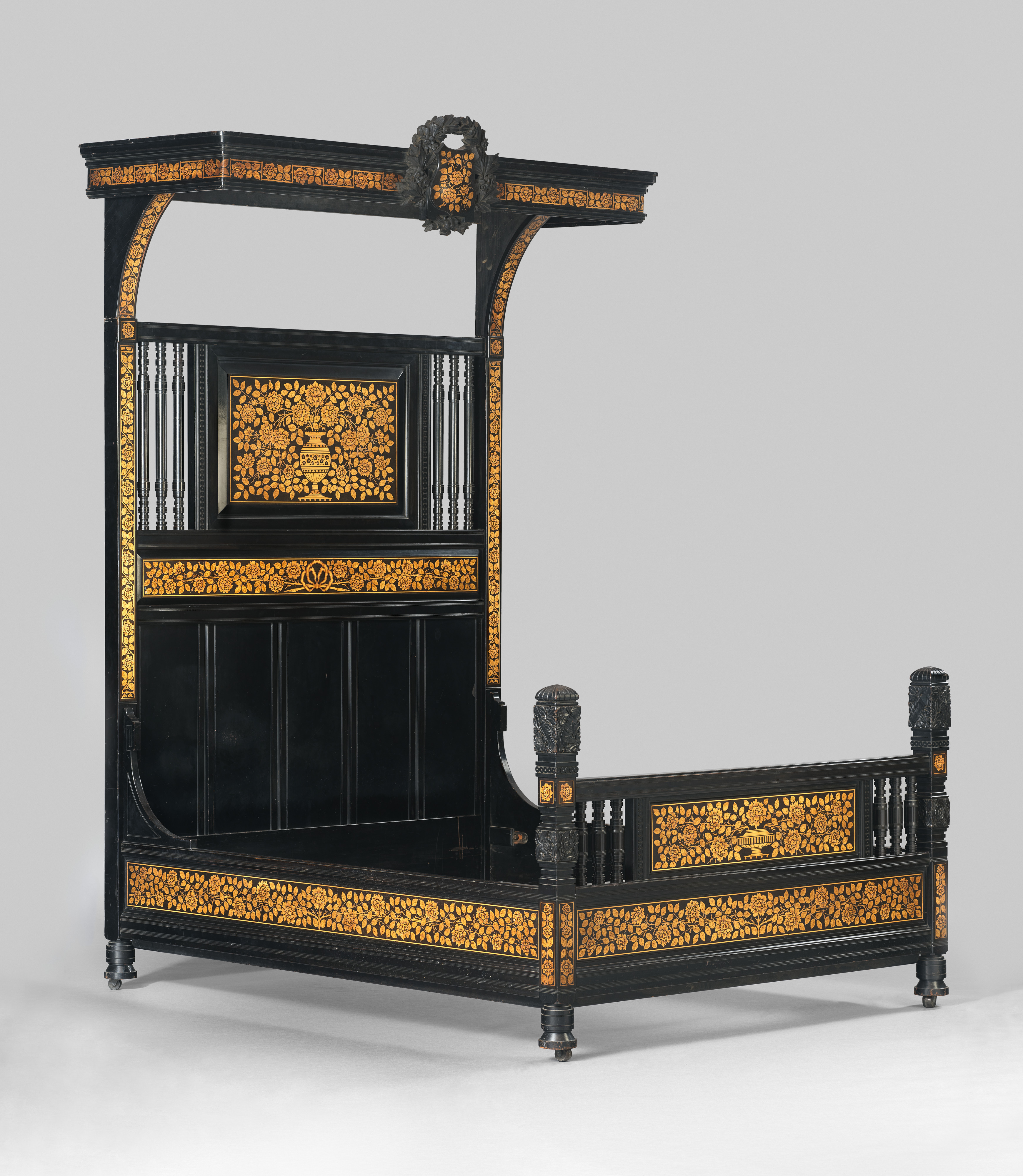 Antique Black Inlaid Canopy Bed