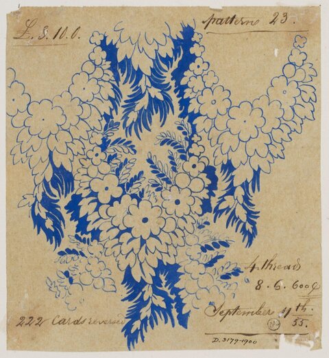 Antique Blue Floral Textile Pattern Sketch