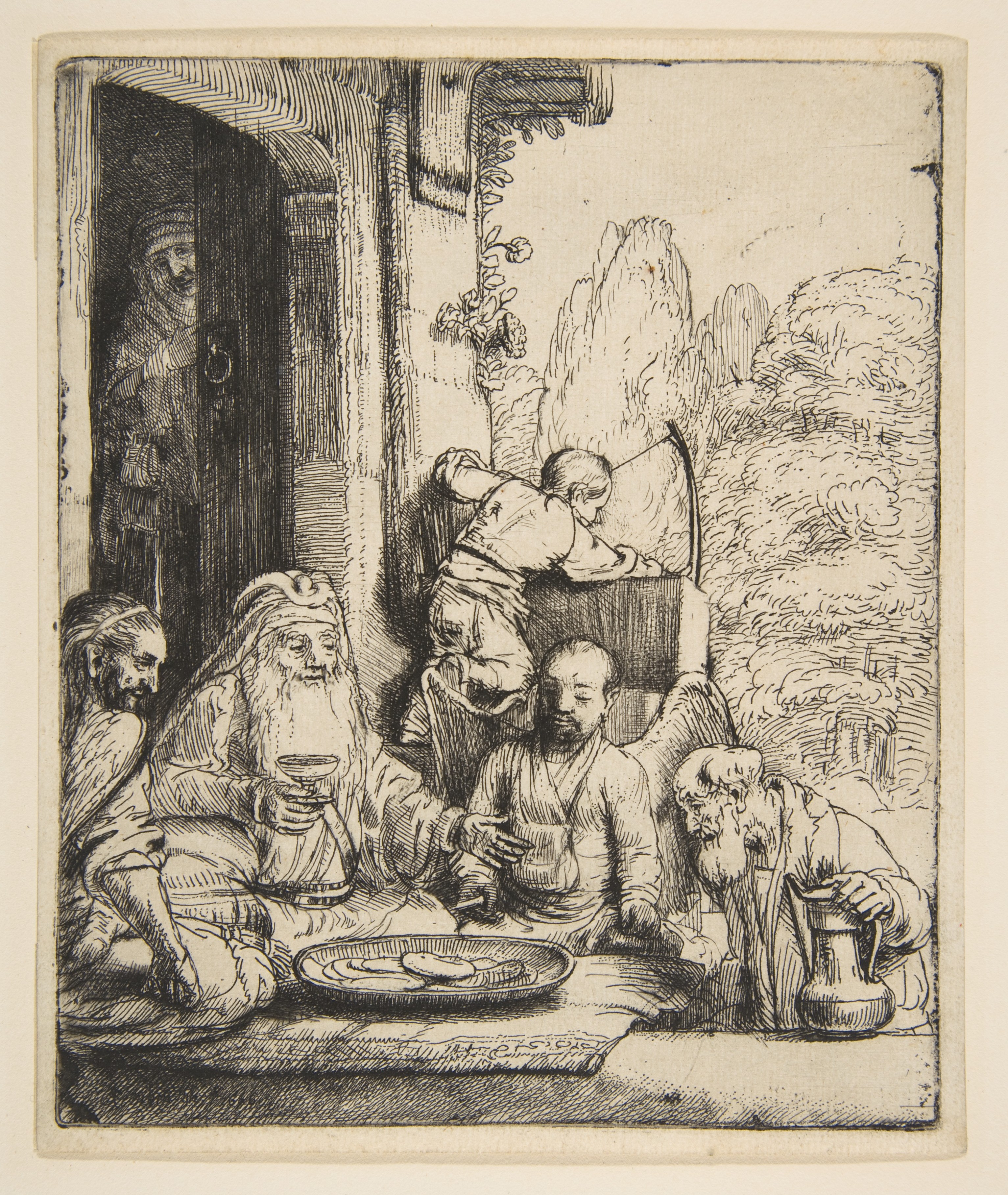 Men Dining at Outdoor Table Etching