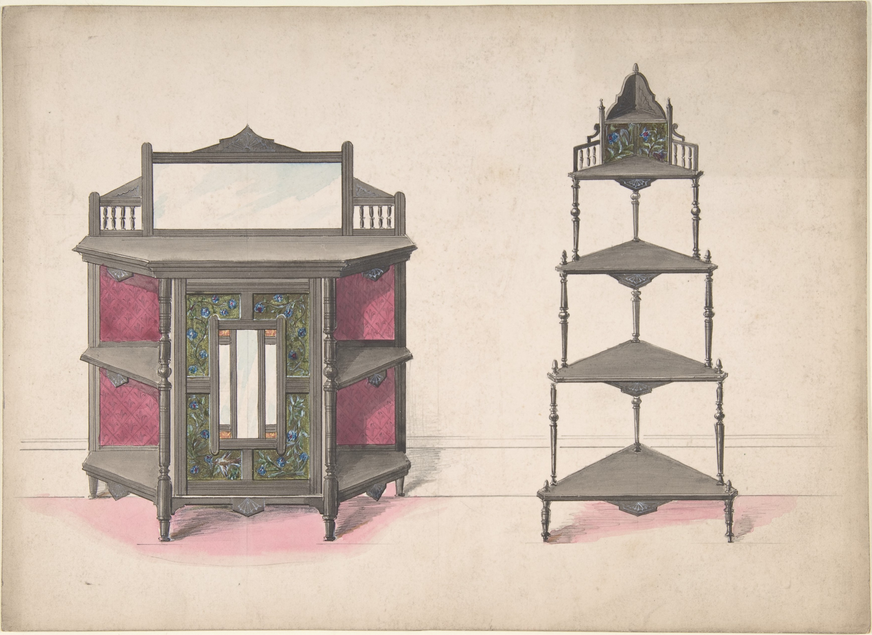 Two Antique Corner Furniture Design Drawings