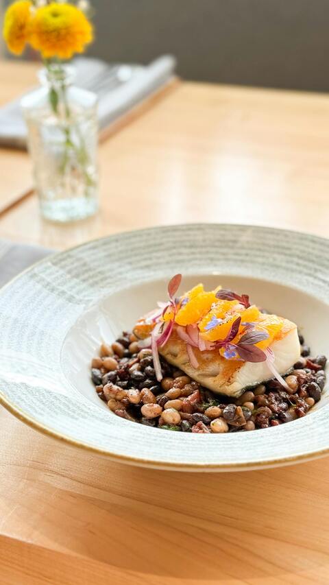 Plated Seafood with Beans Dish