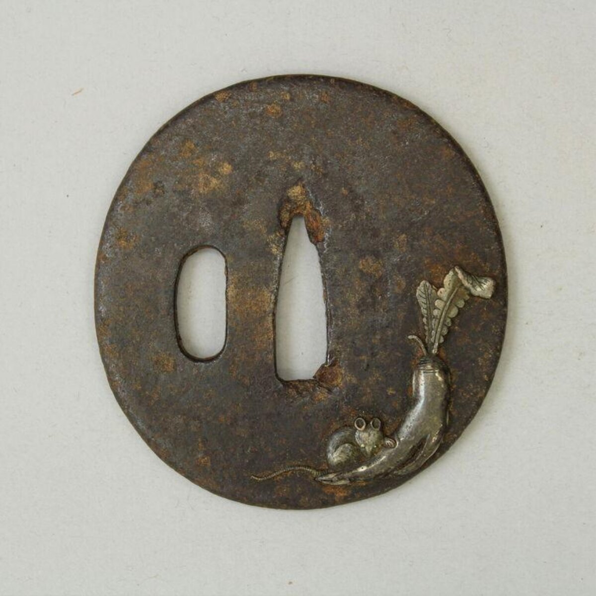 Iron tsuba with radish and mouse motif