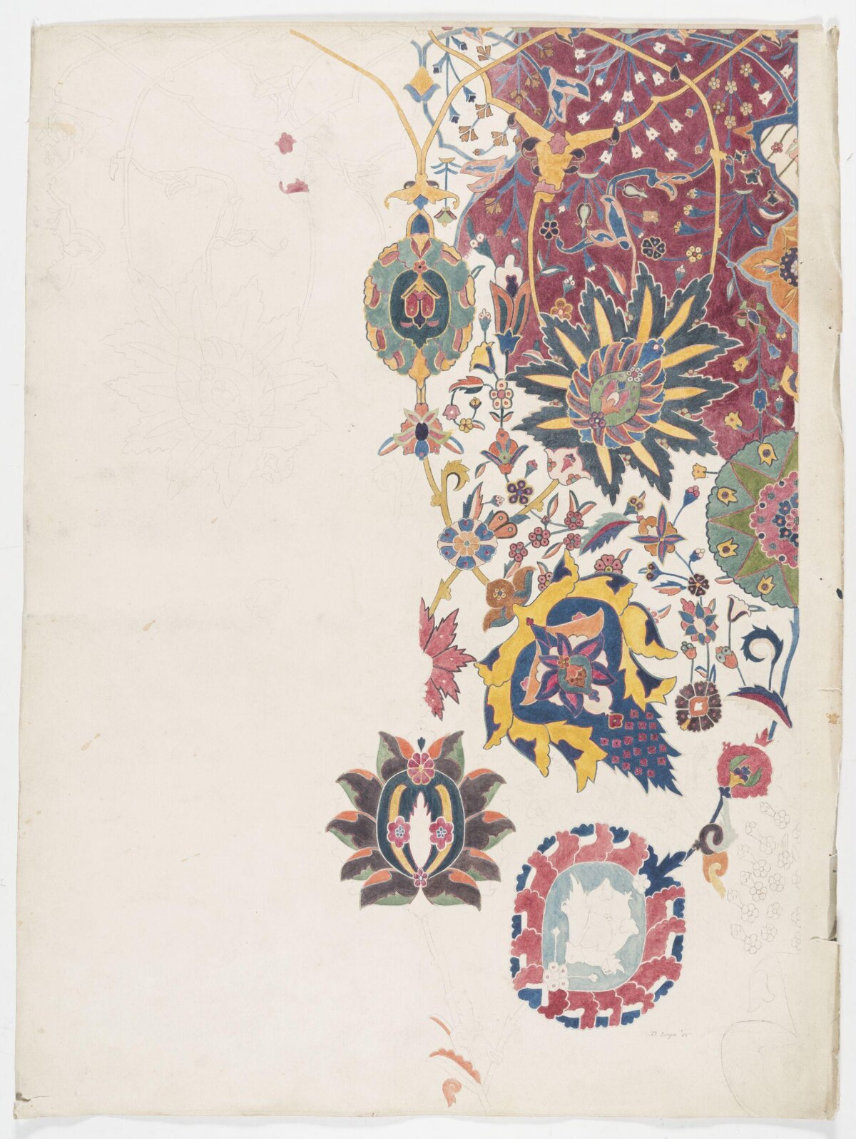 Partially Colored Floral Pattern Sketch