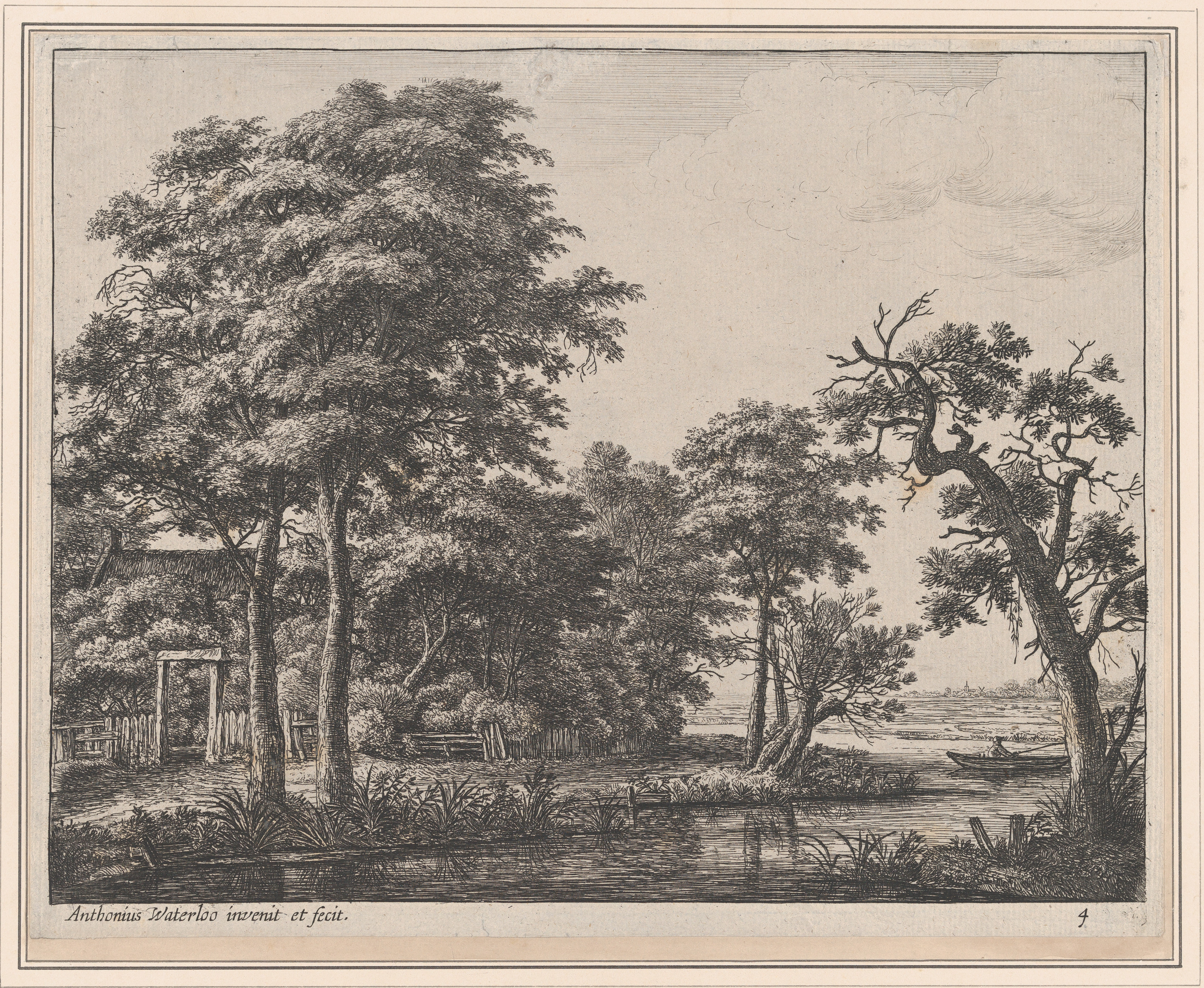 Wooded Riverside Landscape Etching