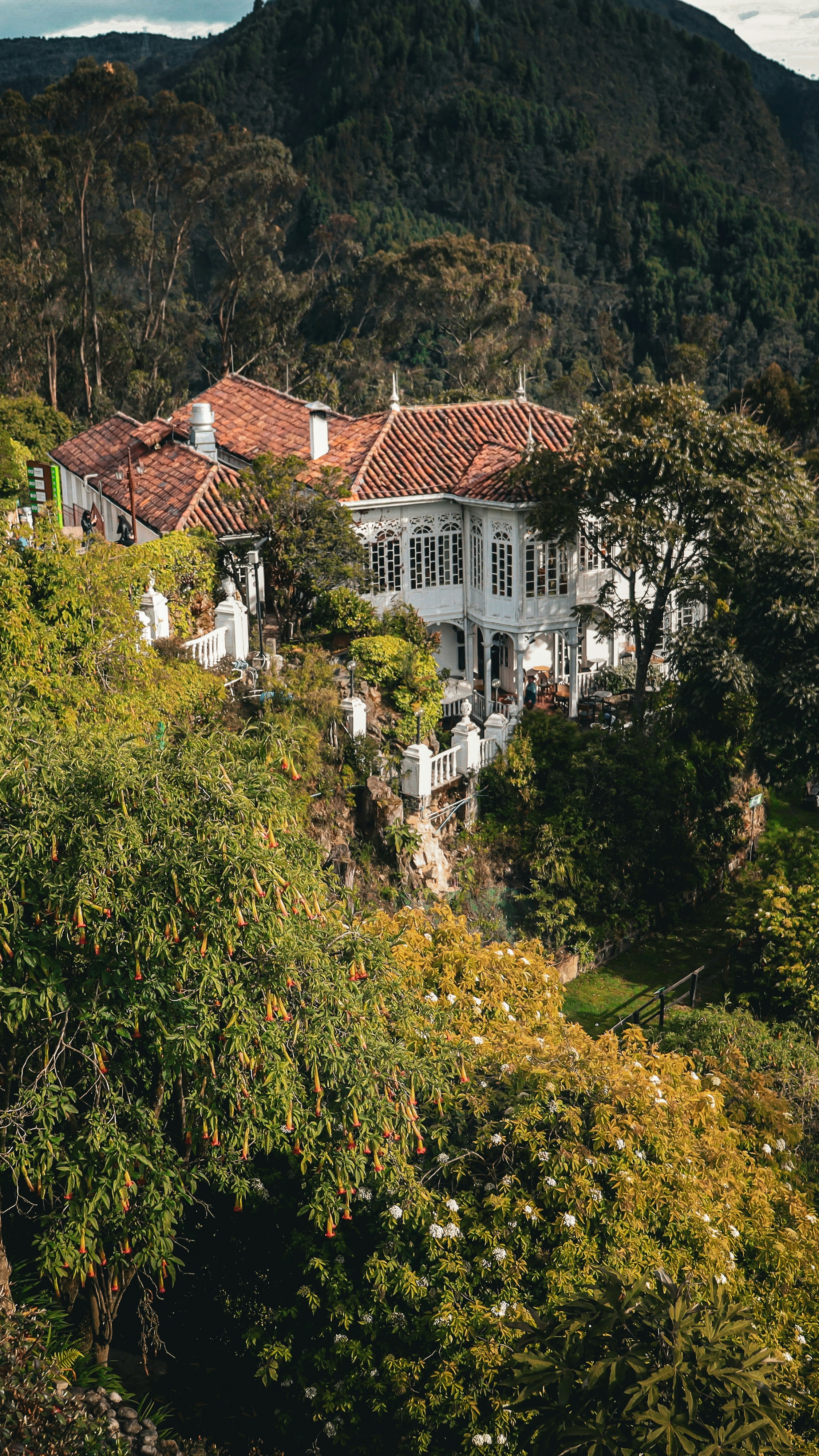 White Mansion on Forested Mountain Slope