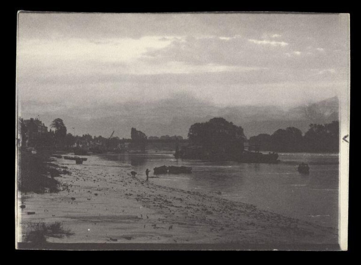Vintage Black and White Riverside Shore Scene