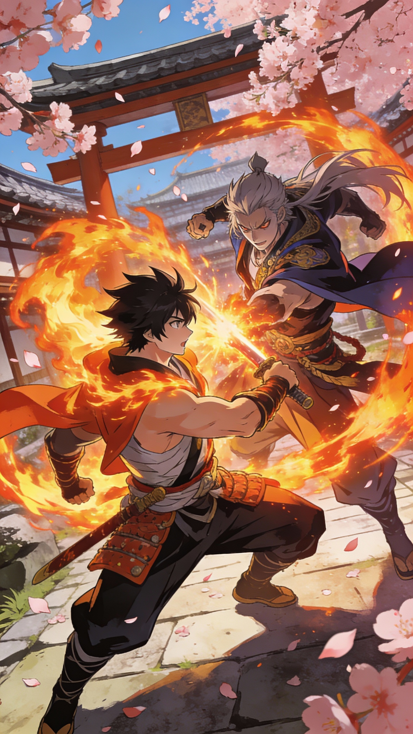 Two Warriors Clashing at Cherry Blossom Shrine