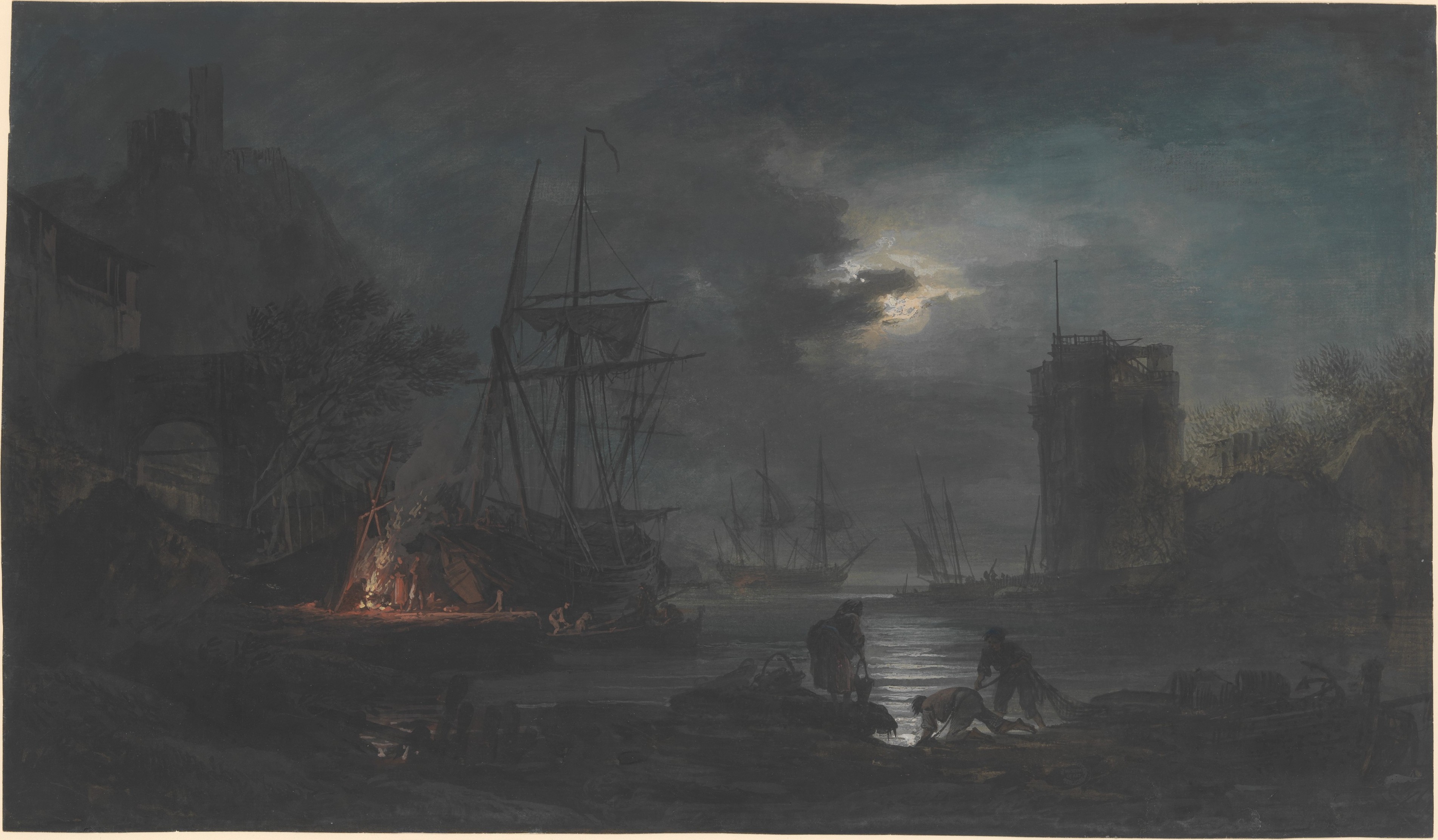 Moonlit Night Coastal Harbor Scene