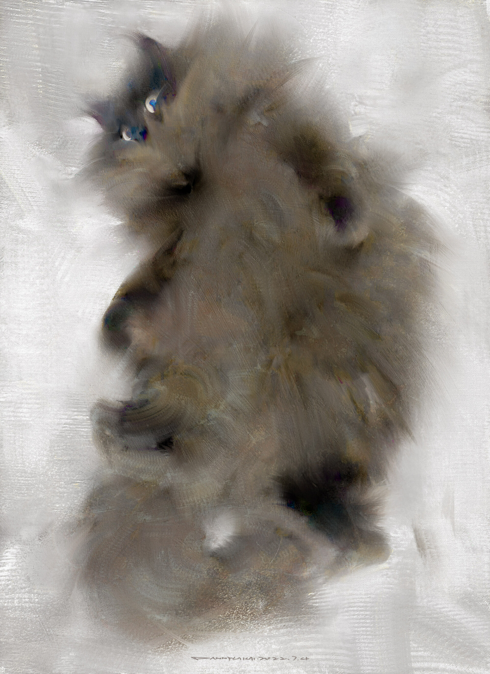 Fluffy Gray Cat Portrait Painting