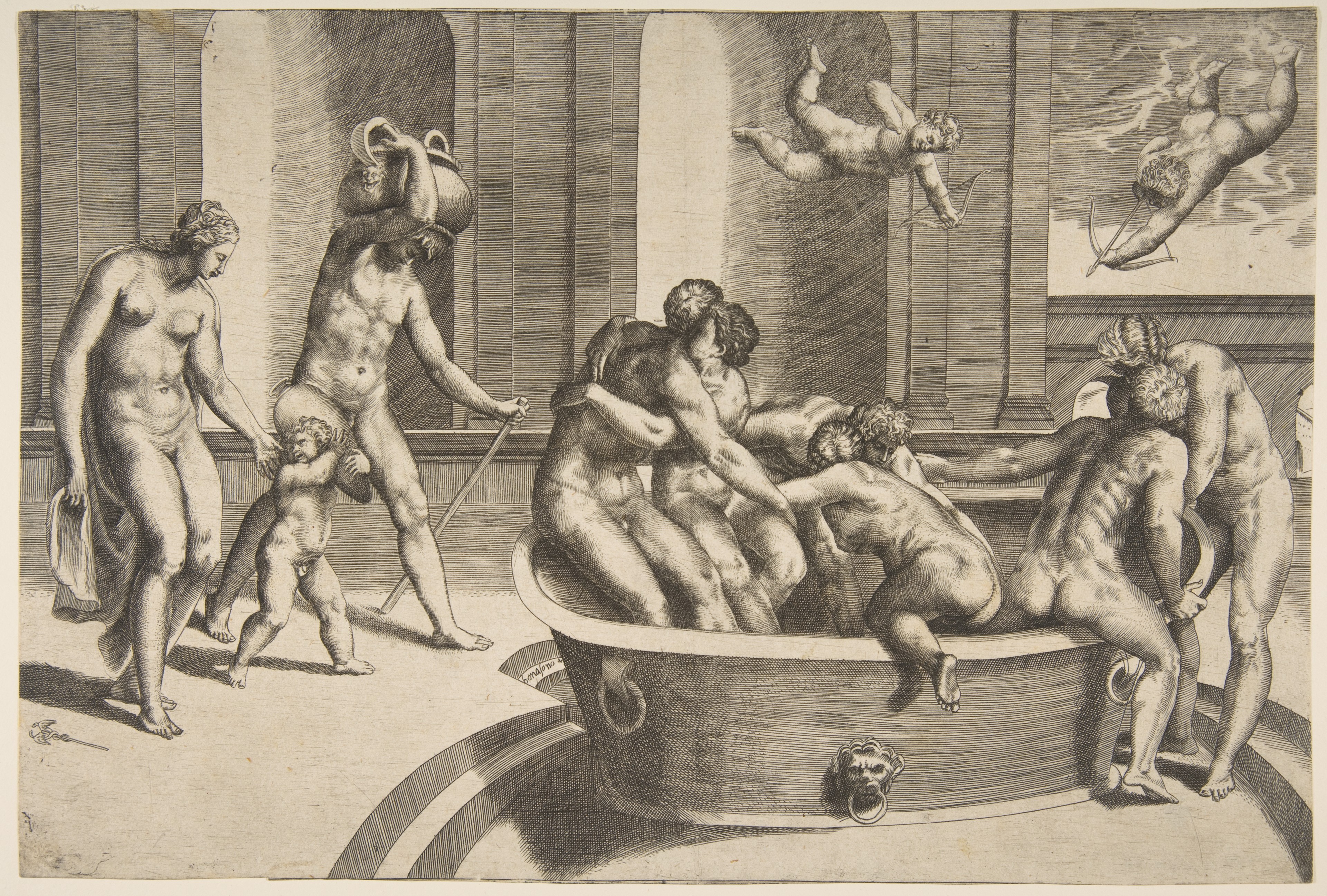 Nude Group Bathing Engraving
