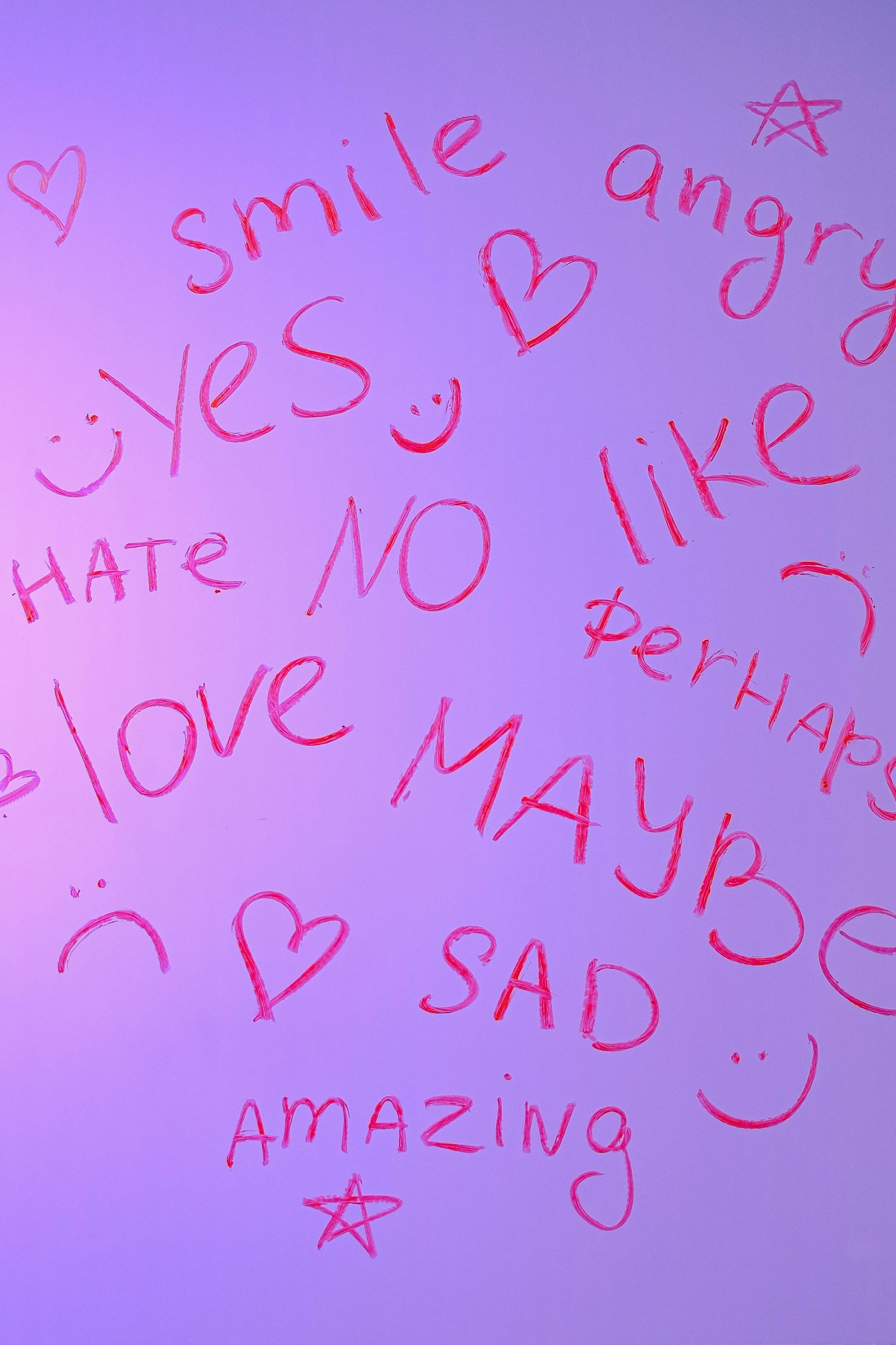 Handwritten Emotion Words on Purple Background