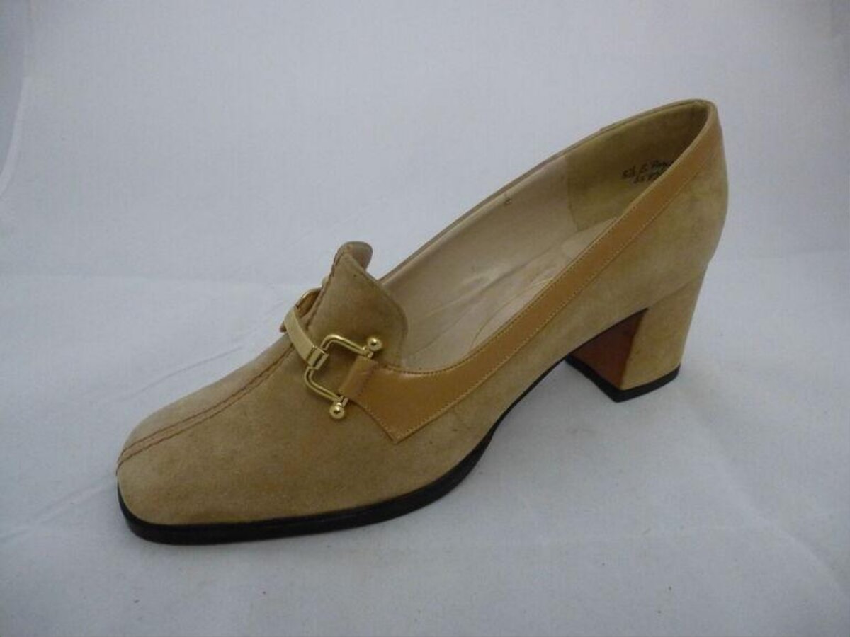 Beige Block Heel Pump Shoe