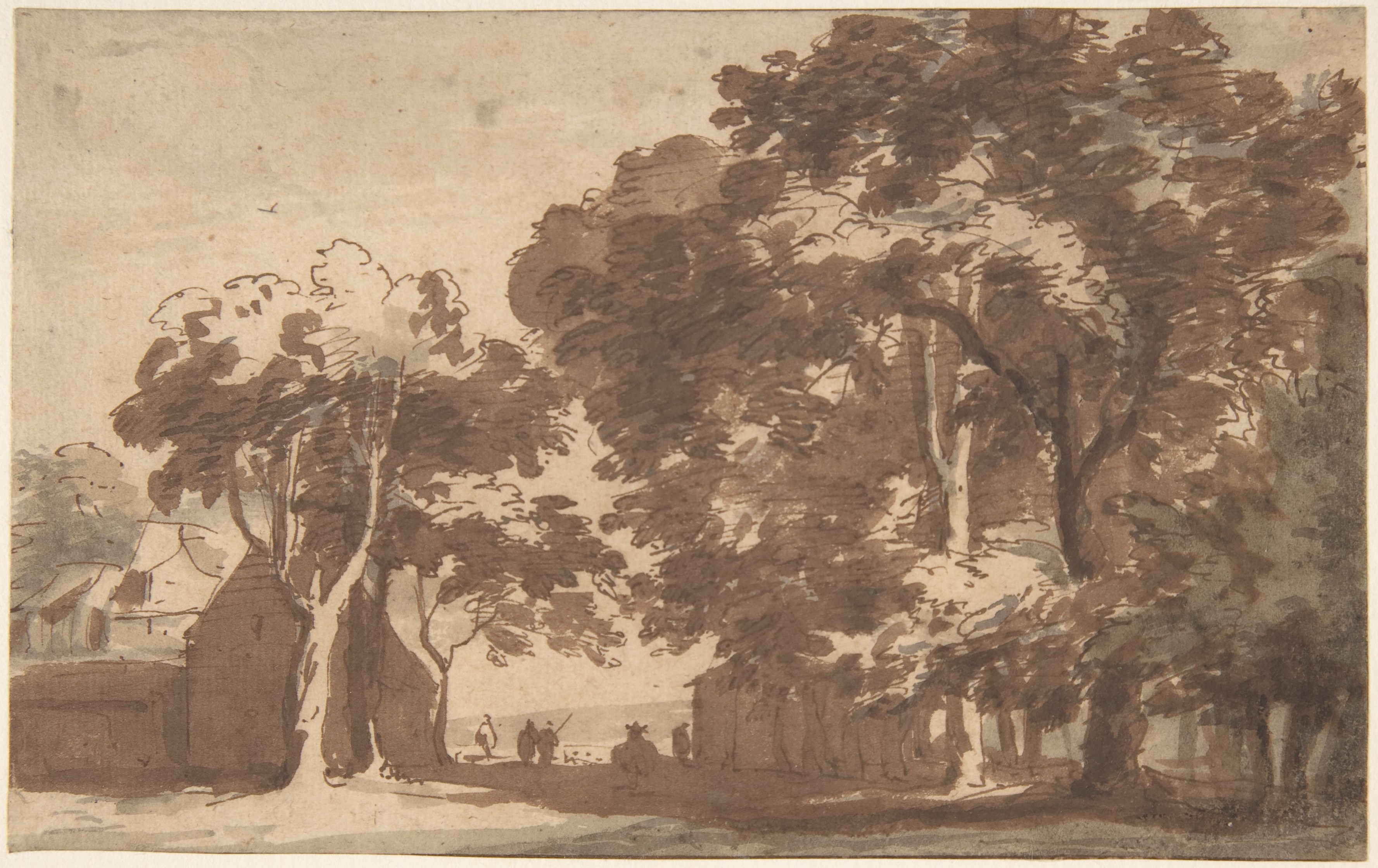 Tree-lined Lane Ink Wash Sketch