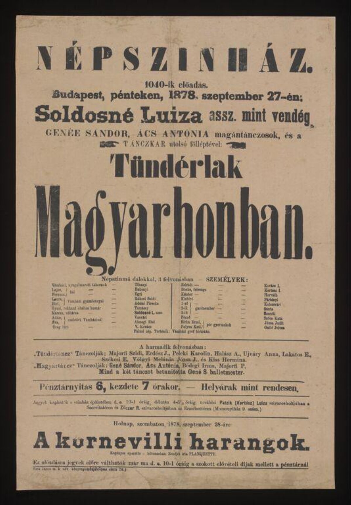 1878 Hungarian Theater Playbill