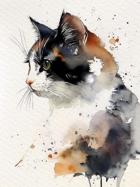 Watercolor Portrait of Calico Cat