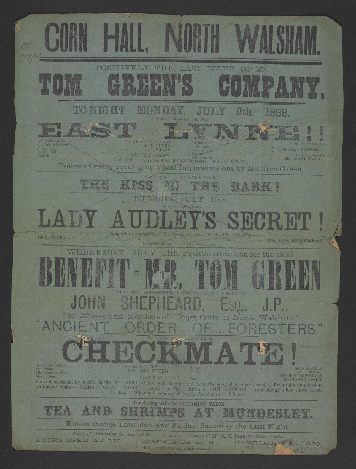 1888 Corn Hall Theatre Playbill
