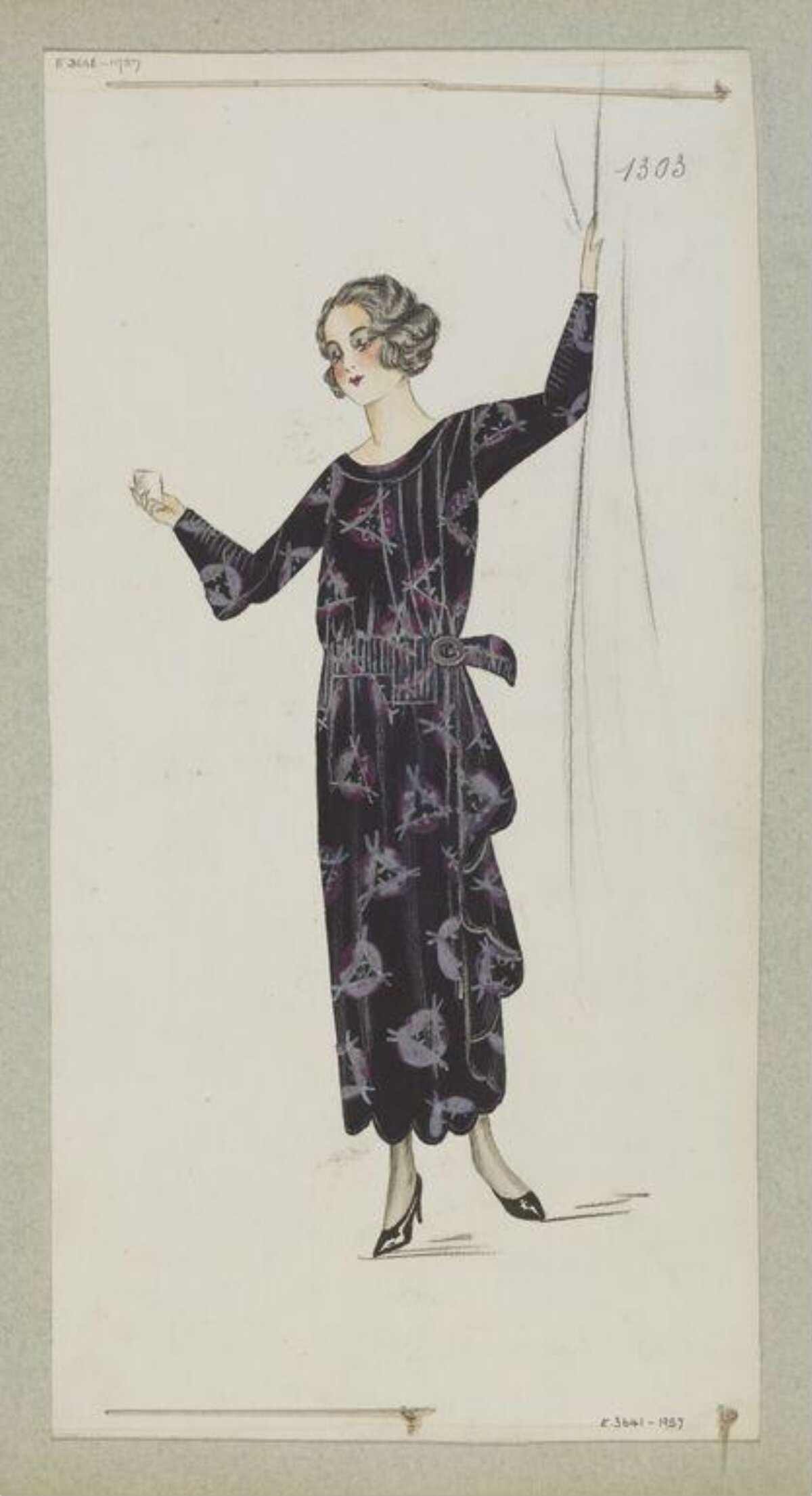 1920s Dark Printed Dress Fashion Sketch