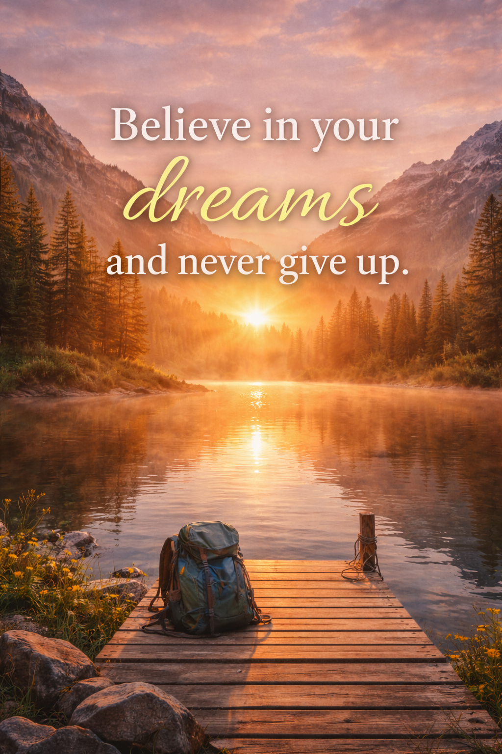 Mountain Lake Sunrise with Motivational Quote