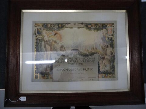 Framed 1911 Turin Grand Prize Diploma