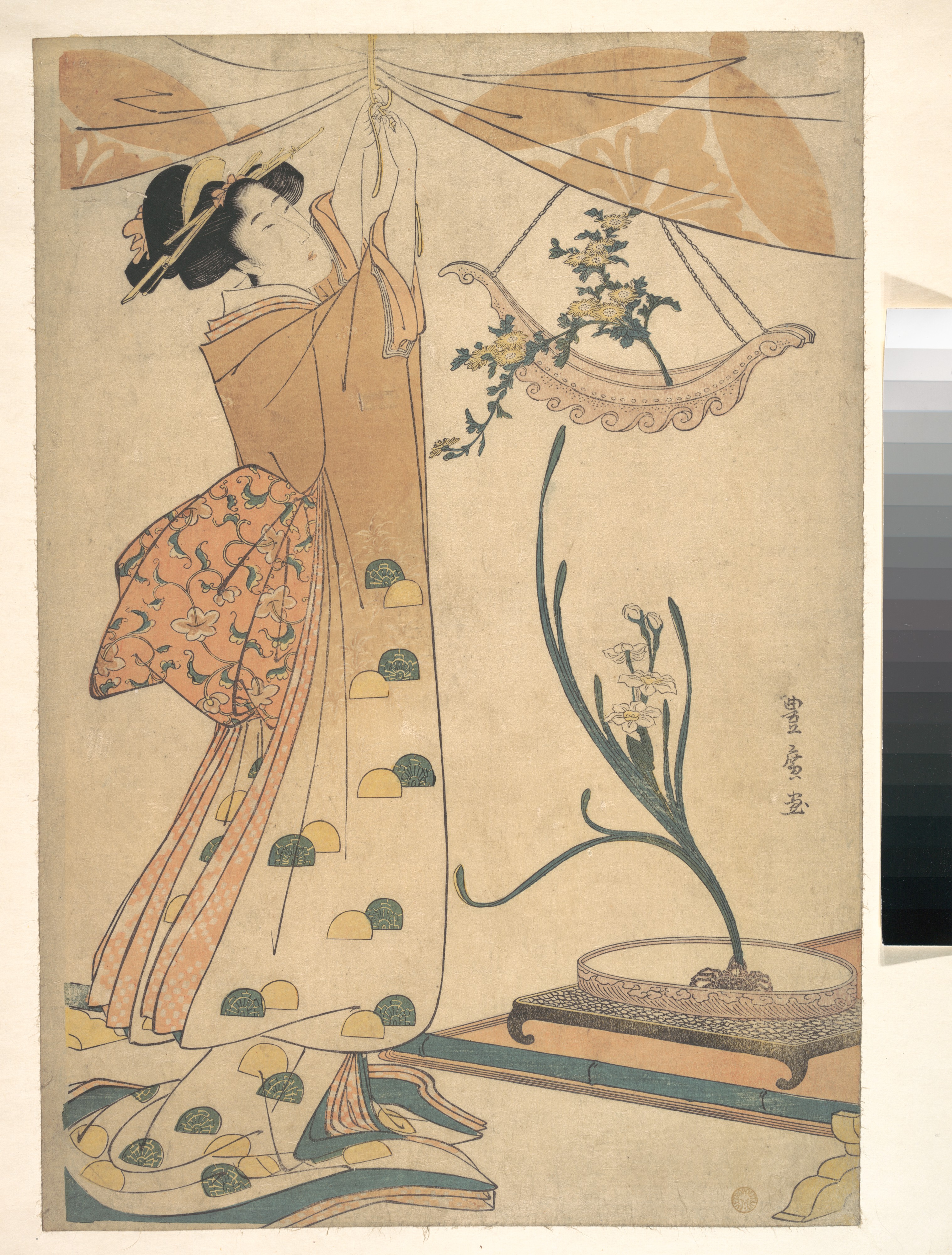 Ukiyo-e Woman Adjusting Hanging Flower Basket