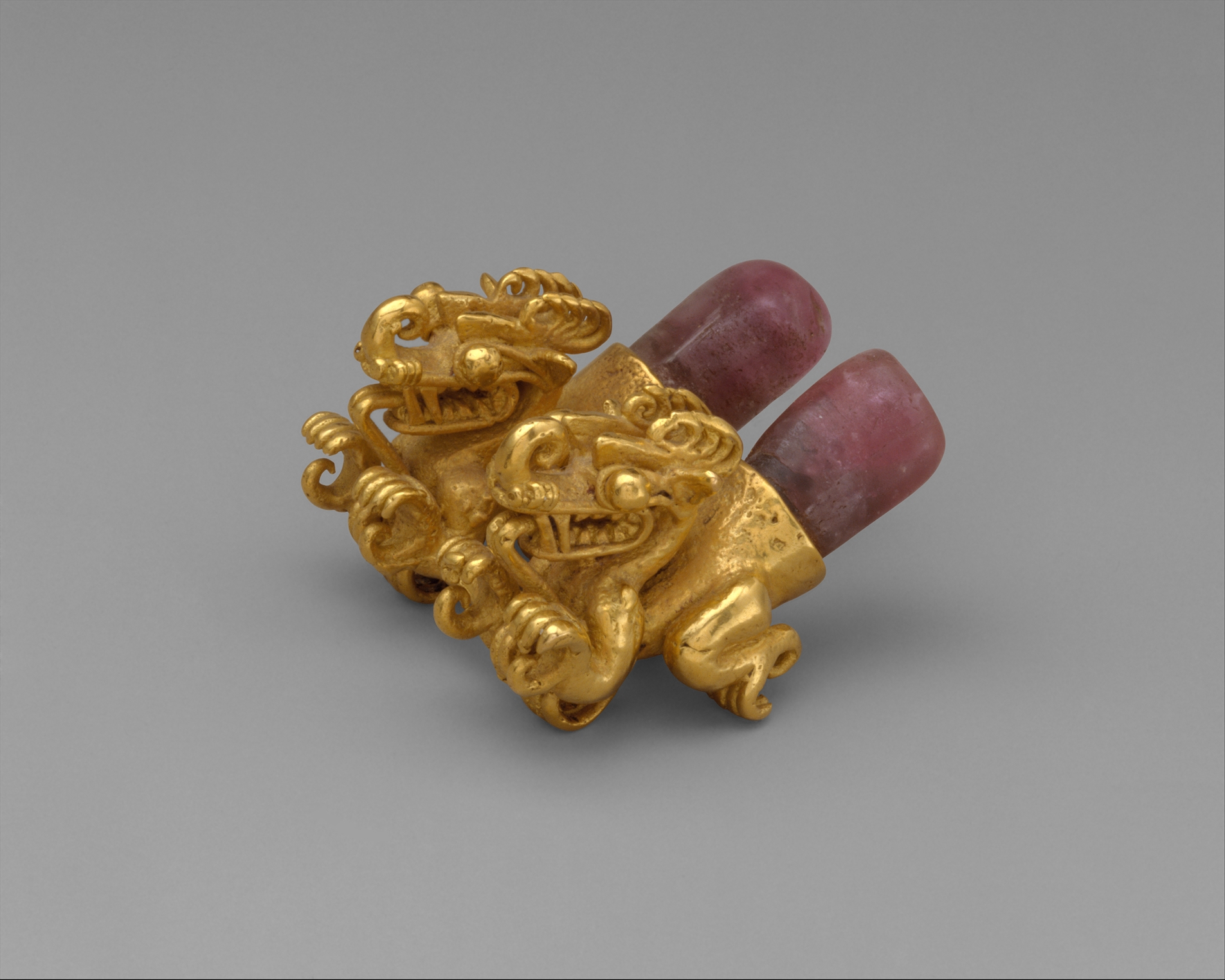 Gold Double Dragon Inlaid Gem Ornament