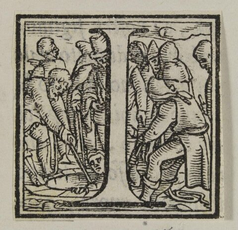 Woodcut Initial N with Group Figures