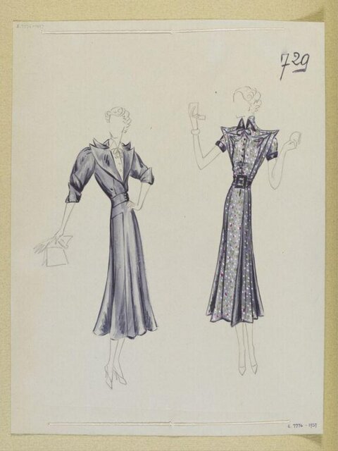 Two Vintage Fashion Dress Design Sketches